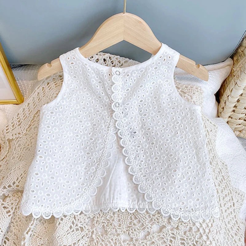 Girls Summer Clothing Sets Hollow Lace Suit Baby Casual Sleeveless T-shirt+Shorts Kids Clothing Sets Baby Clothes Outfits - Kenner House Emporium