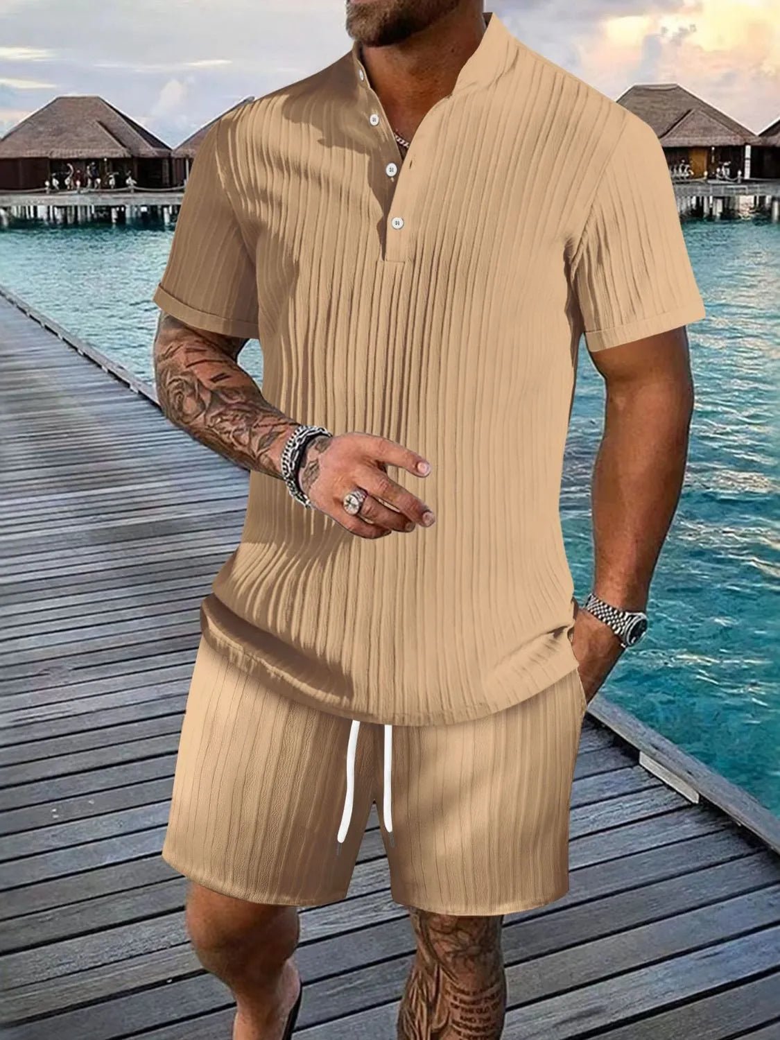 Men's Full Size Button Detail Short Sleeve Top and Shorts Set Plus Size - Kenner House Emporium