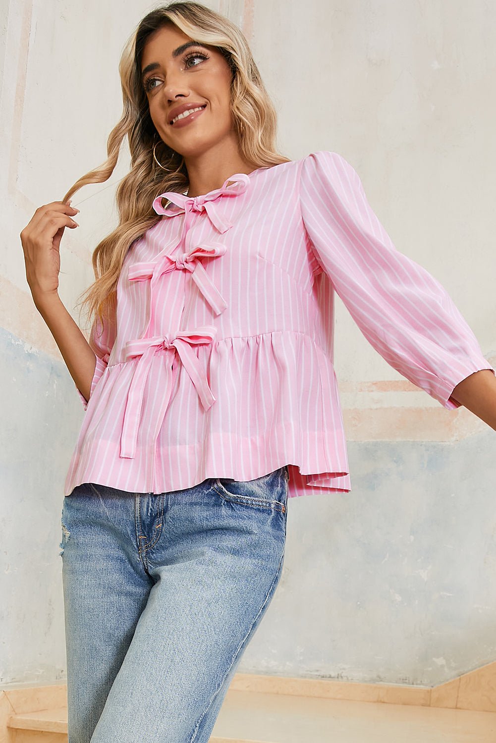 Pink Striped Print Sweet Bow Tie Blouse - Kenner House Emporium