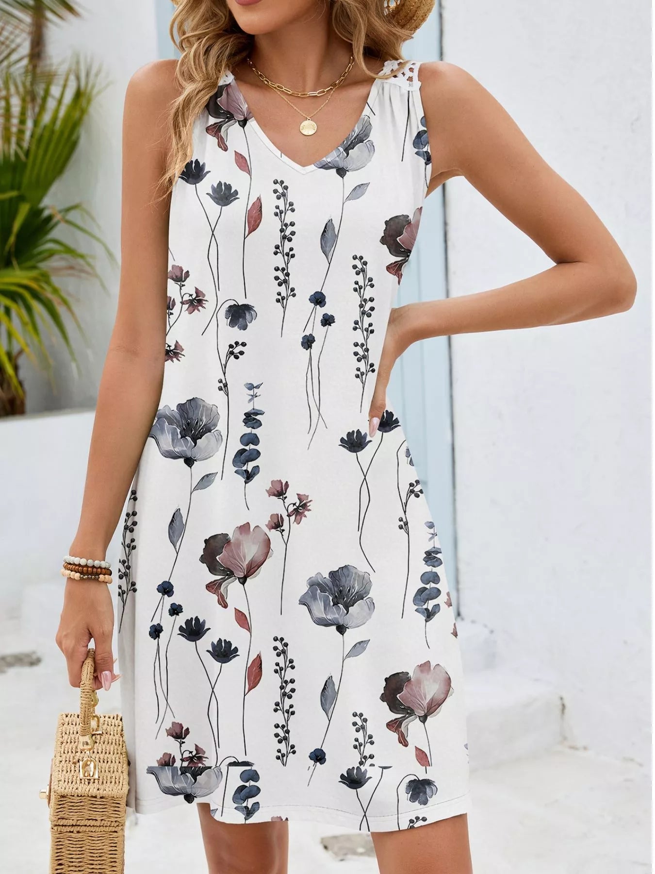 Floral Print V - Neck Crochet Back Mini Dress - Kenner House Emporium