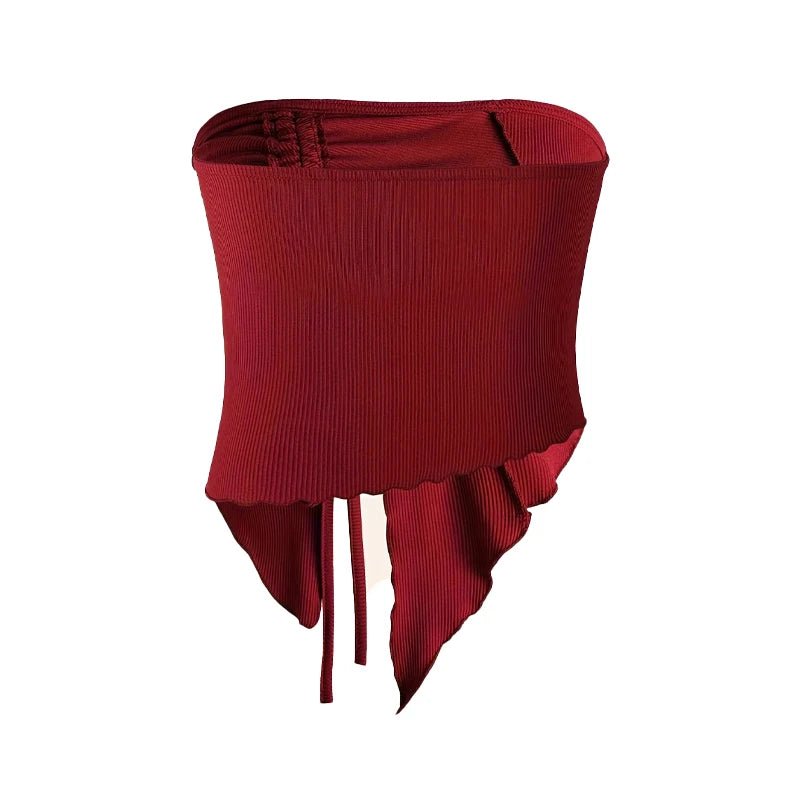 Spring Summer Y2K Women's Strapless Sleeveless Tube Top Mesh Ruched Side Asymmetrical Lace up Bandeau Cami Tank Tops Streetwear - Kenner House Emporium