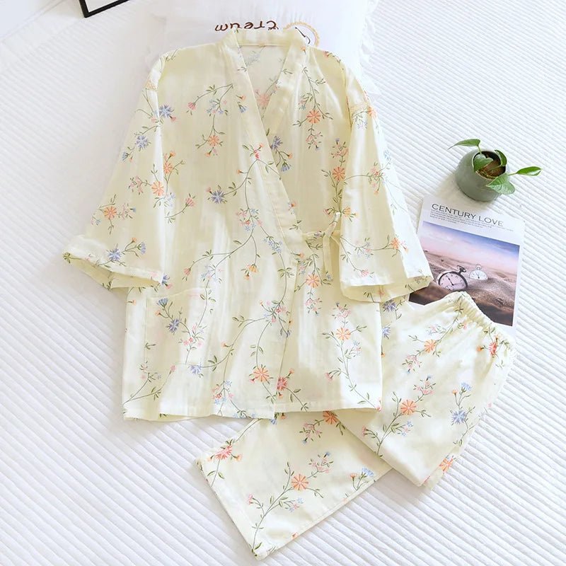 2023 Japanese - style kimono pajamas set seven - sleeve female spring and autumn 100% cotton gauze home clothes cute sweet 2 - piece - Kenner House Emporium