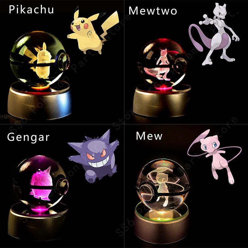 Pokemon Crystal Ball 3D Pikachu Gengar Mewtwo Night Light Lamp Pokeball 3D Glass Pokemon Crystal Ball Statue Kids Birthday Gift - Kenner House Emporium