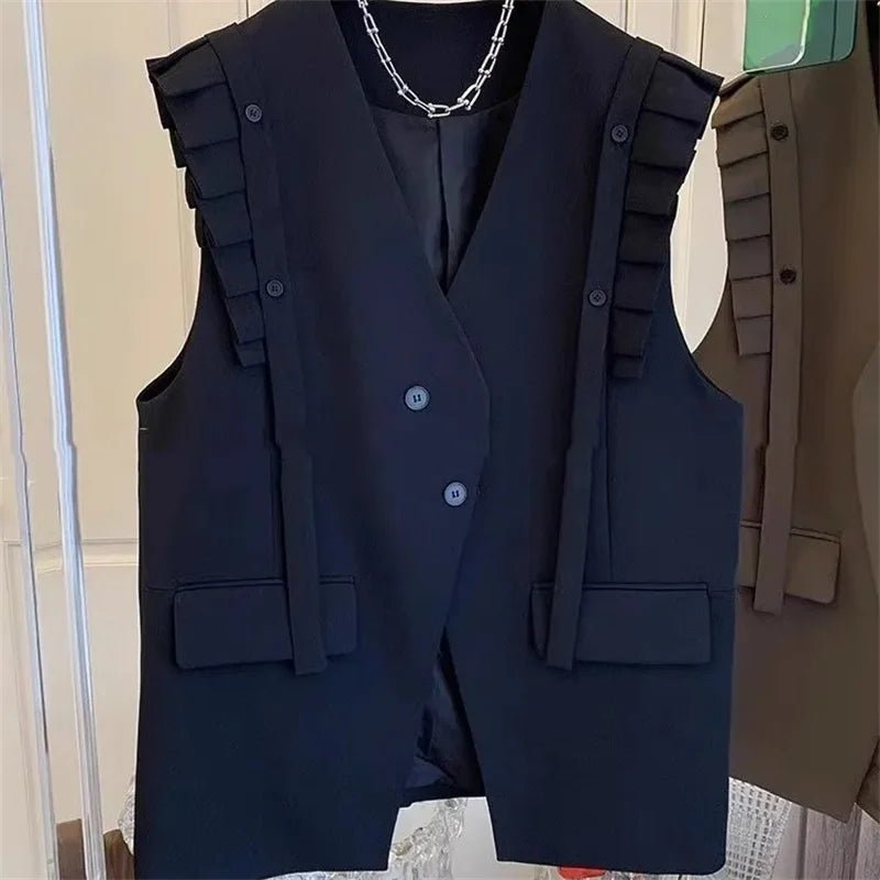 New Vest Coat Female Spring Autumn Temperament Wood Ear Splicing Suit Sleeveless Jacket Women Loose Casual Waistcoat Tops Ladies - Kenner House Emporium