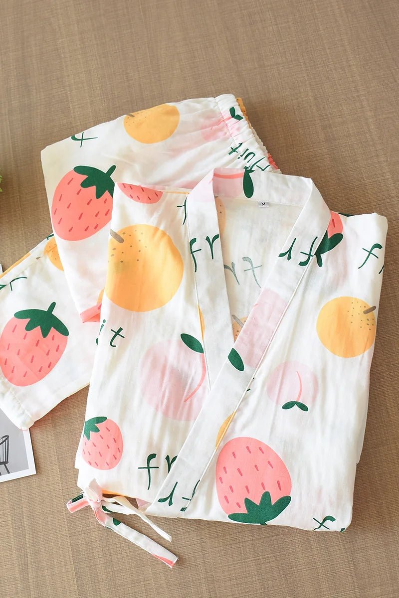 2023 Japanese - style kimono pajamas set seven - sleeve female spring and autumn 100% cotton gauze home clothes cute sweet 2 - piece - Kenner House Emporium