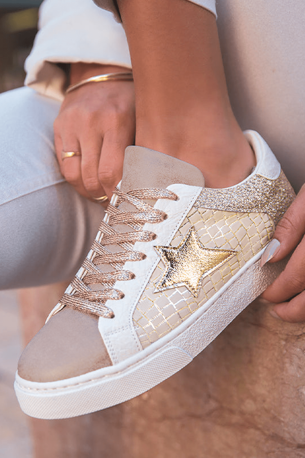 Gold Glitter Star Patchwork PU Leather Lace - up Sneakers - Kenner House Emporium