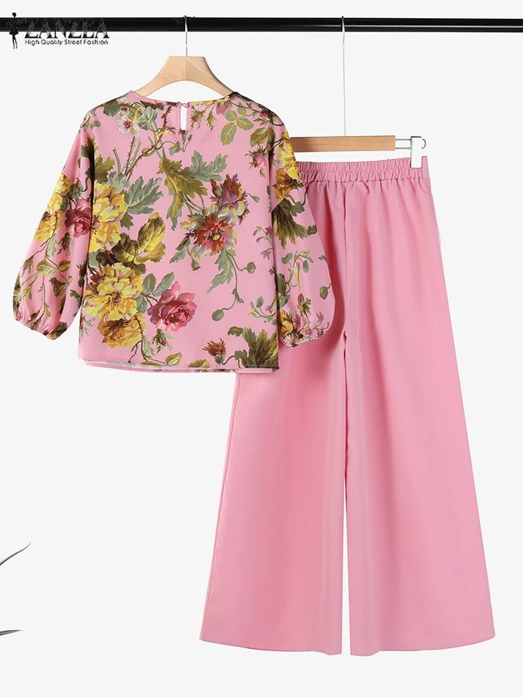 ZANZEA Spring 2pcs Outfits Women Pant Sets 3/4 Sleeve Floral Printed Blouse Loose Trousers Suits Elegant Work Tracksuit Oversize - Kenner House Emporium