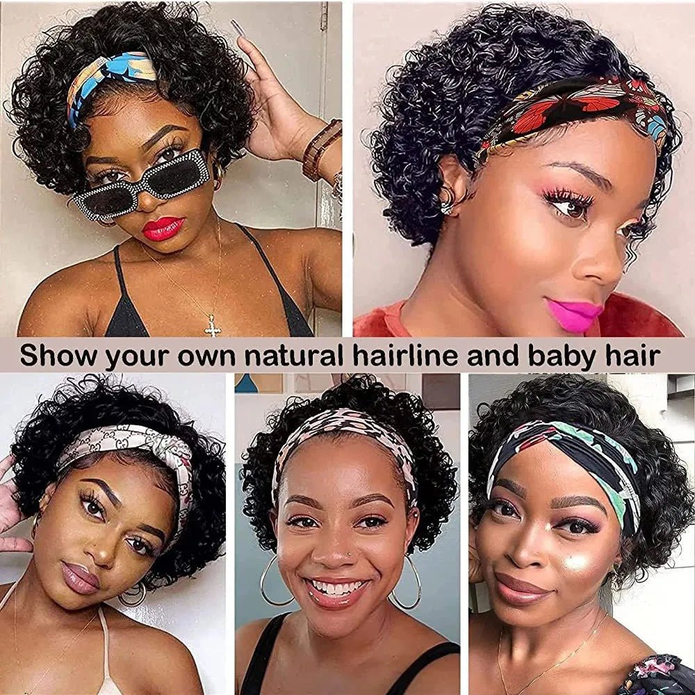 Headband Wig Human Hair Curly Hair Wig Short Hair Wigs for Women Pixie Cut machine made Human Hair Wig Black Wig African Style - Kenner House Emporium