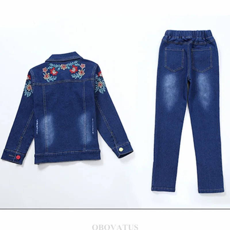Fashion Kids Girl Denim 2 Piece Set Jacket and Jeans Embroidery Flower Jeans Jacket and Pants Set Child Vintage Spring Clothes - Kenner House Emporium