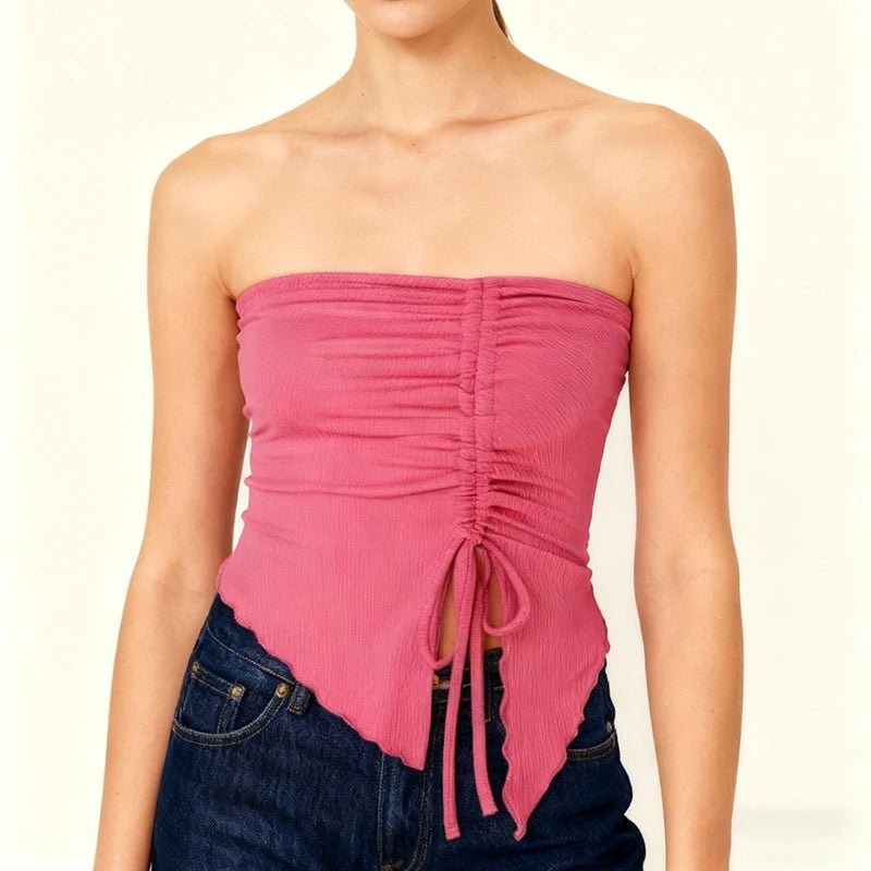 Spring Summer Y2K Women's Strapless Sleeveless Tube Top Mesh Ruched Side Asymmetrical Lace up Bandeau Cami Tank Tops Streetwear - Kenner House Emporium