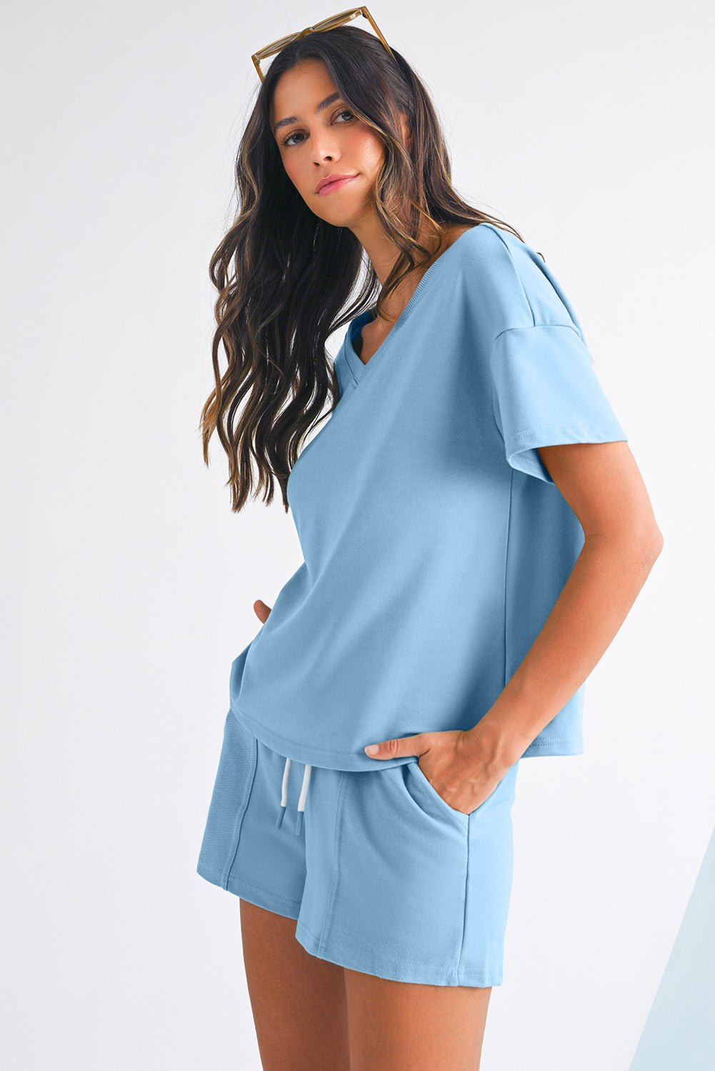 Myosotis V Neck Drop Shoulder Tee and Patchwork Shorts Set - Kenner House Emporium