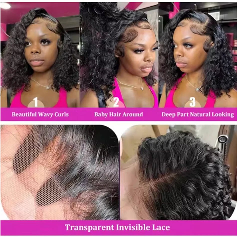 250 Density Wear And Go Water Wave Bob Glueless Wet And Wavy HD Lace Frontal Pre Cut Human Wigs Brazilian Virgin Cheveux Humain - Kenner House Emporium