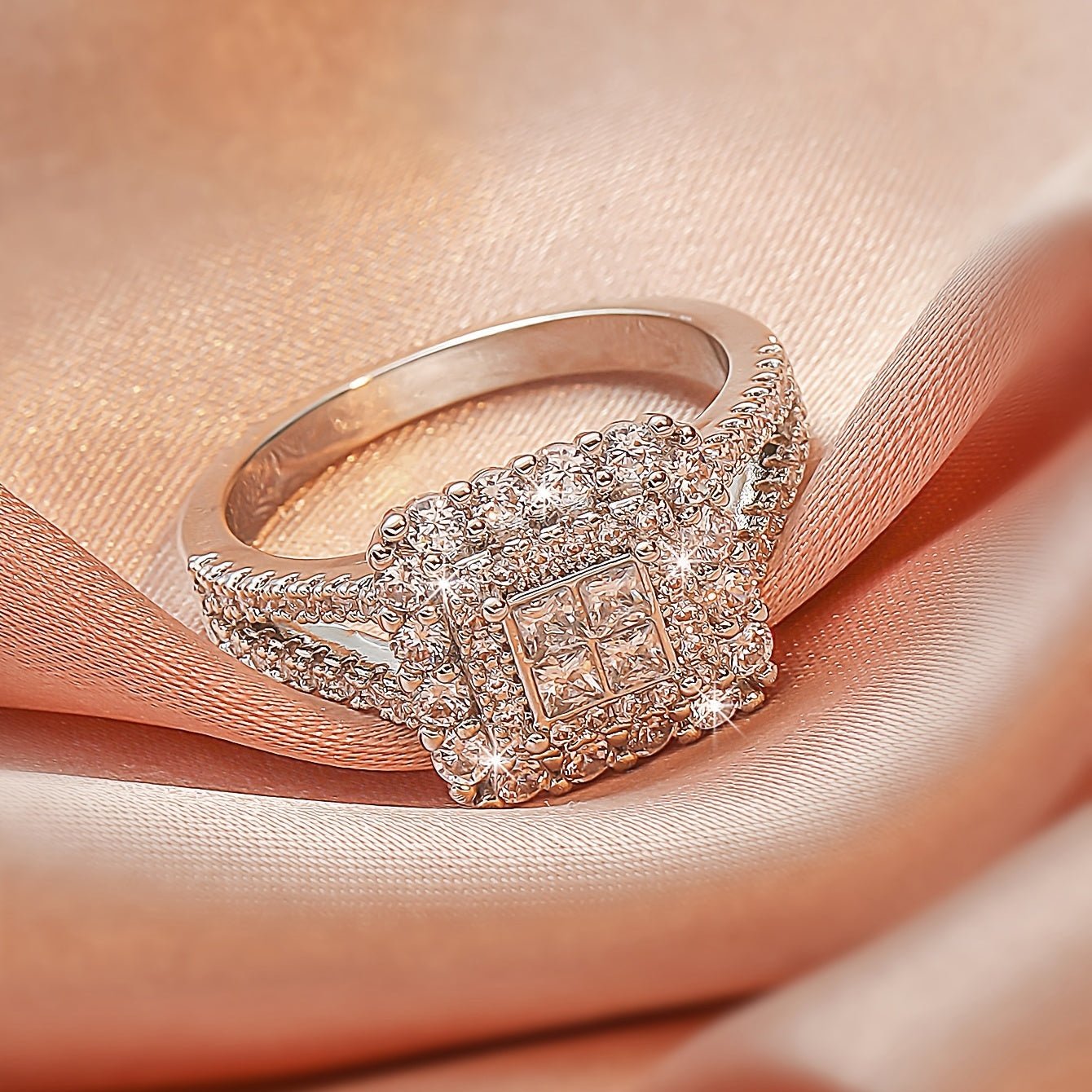 Large multi row white Synthetic Zirconia, fashionable, stylish, and atmospheric. Couples, lovers, gifts, wedding rings, Holiday Accessories, Couple Jewelry, Elegant Rings, Stylish Jewelry, Plated Rings, Highquality Finish, St - Kenner House Emporium