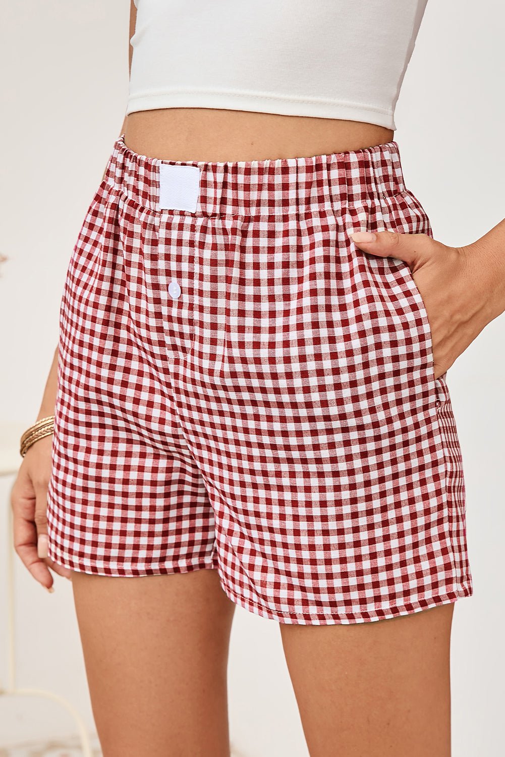 Red Vintage Plaid Print High Waisted Loose Wide Leg Shorts - Kenner House Emporium