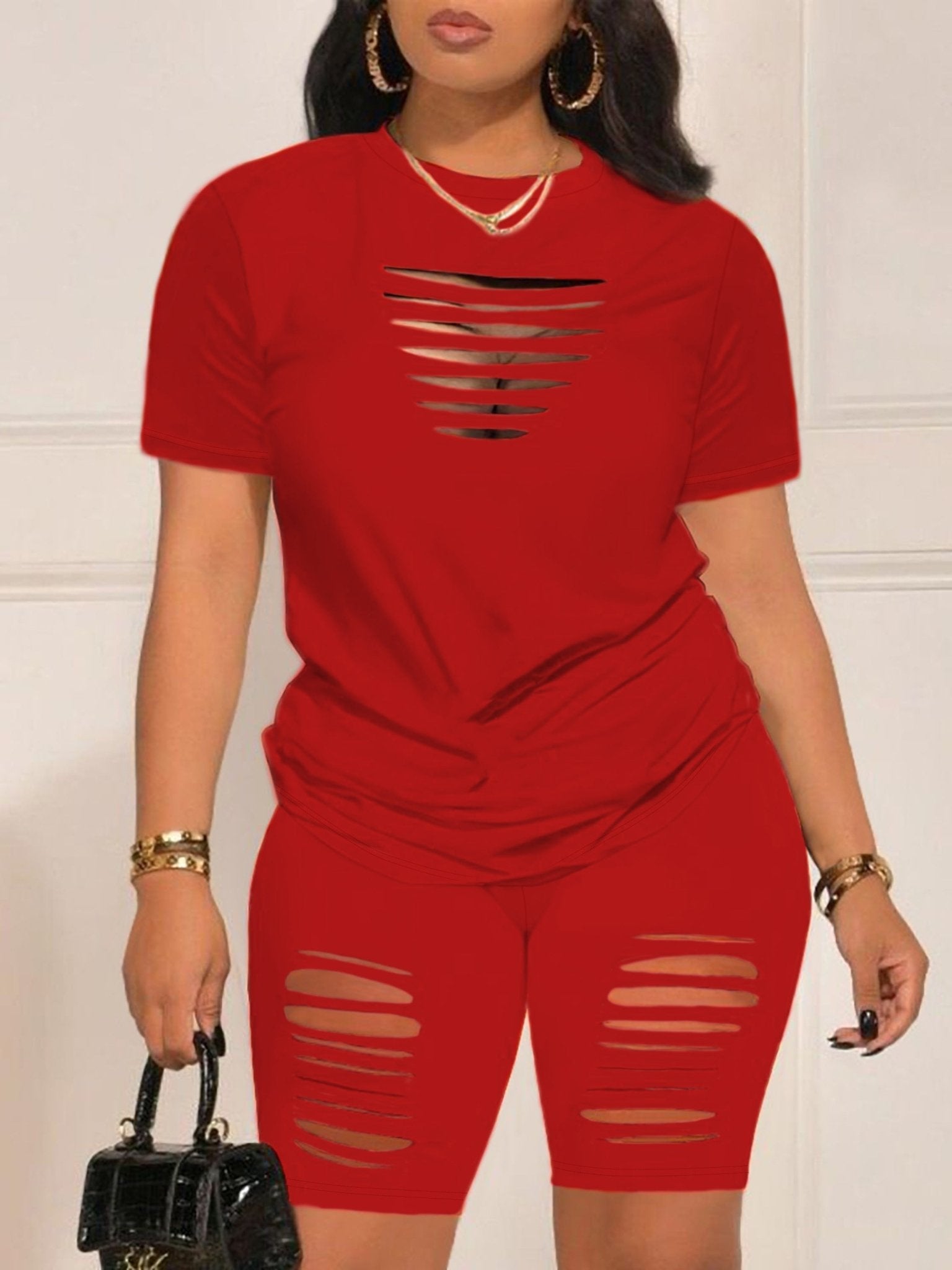 Summer Shorts Set - Pantsuits for Women, Crew Neck Short Sleeve Top & Shorts Outfits, Ripped Casual Clothing for Spring and Summer, Comfortable and Stylish Women's Clothing - Kenner House Emporium