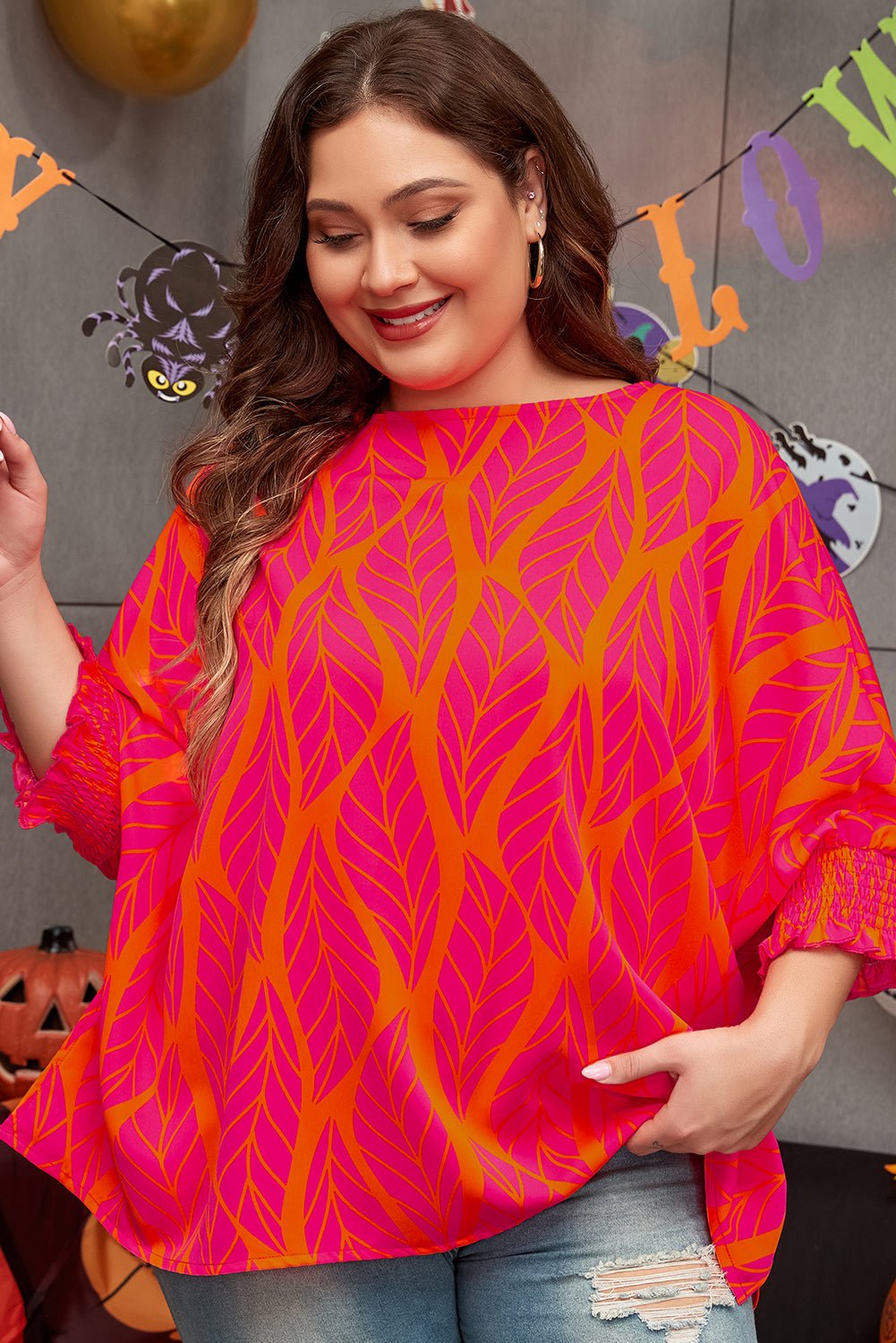 Rose Tropical Leaf Print Smocked Plus Size Dolman Top - Kenner House Emporium
