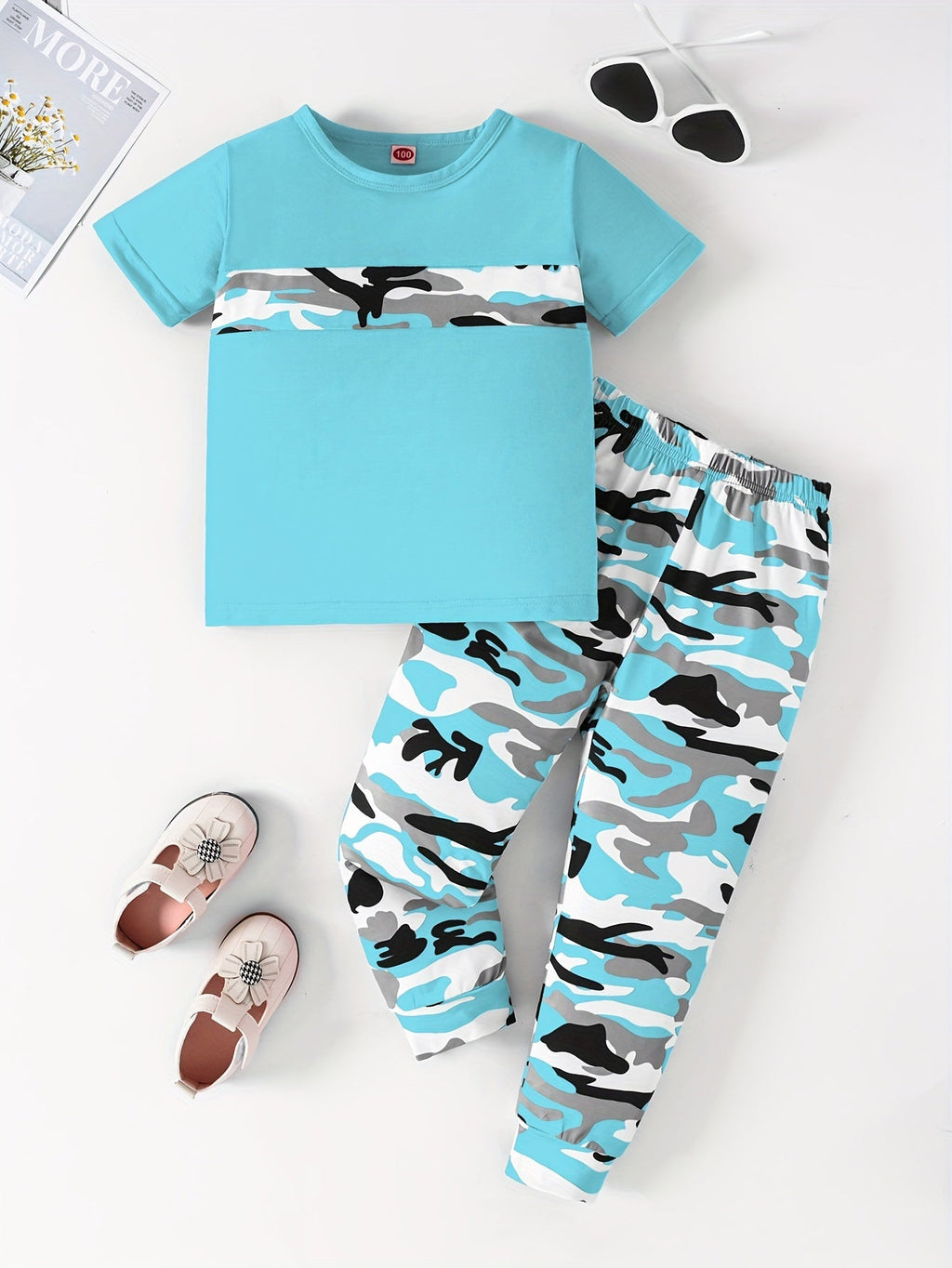 2pcs Girls' Camo Pattern Outfits Set - Casual Short Sleeve T-shirt + Pants, Machine Washable Polyester with Slight Stretch - Spring/Summer/Fall Essentials | Color Block Design | Random Printing - Kenner House Emporium