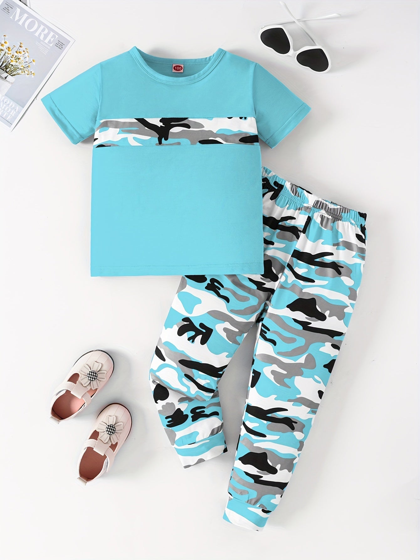 2pcs Girls' Camo Pattern Outfits Set - Casual Short Sleeve T-shirt + Pants, Machine Washable Polyester with Slight Stretch - Spring/Summer/Fall Essentials | Color Block Design | Random Printing - Kenner House Emporium