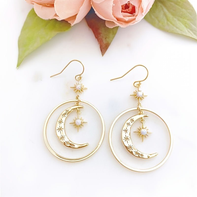 Elegant Boho - Chic Golden - Tone Moonstone Dangle Earrings for Women - Crescent Moon with Star Motifs, Zinc Alloy, Perfect for Daily Wear & Parties, Moon Earrings - Kenner House Emporium