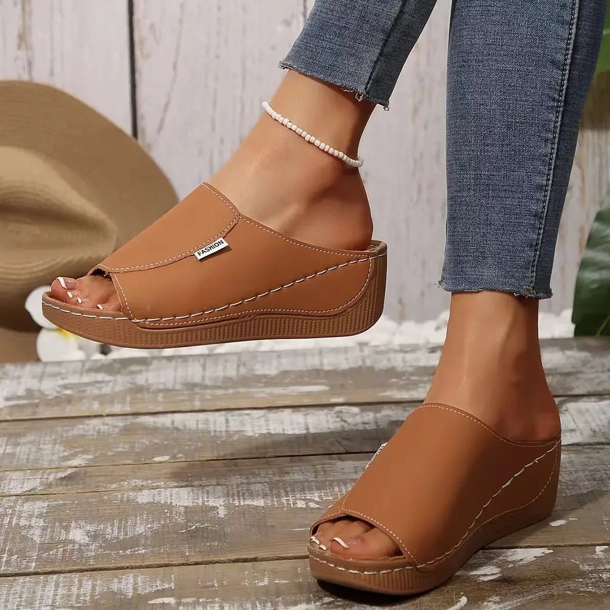 Ladies wear wedge heel sandals, solid color open toe thick soled shoes, summer comfortable slippers, ventilated and easy to wear - Kenner House Emporium