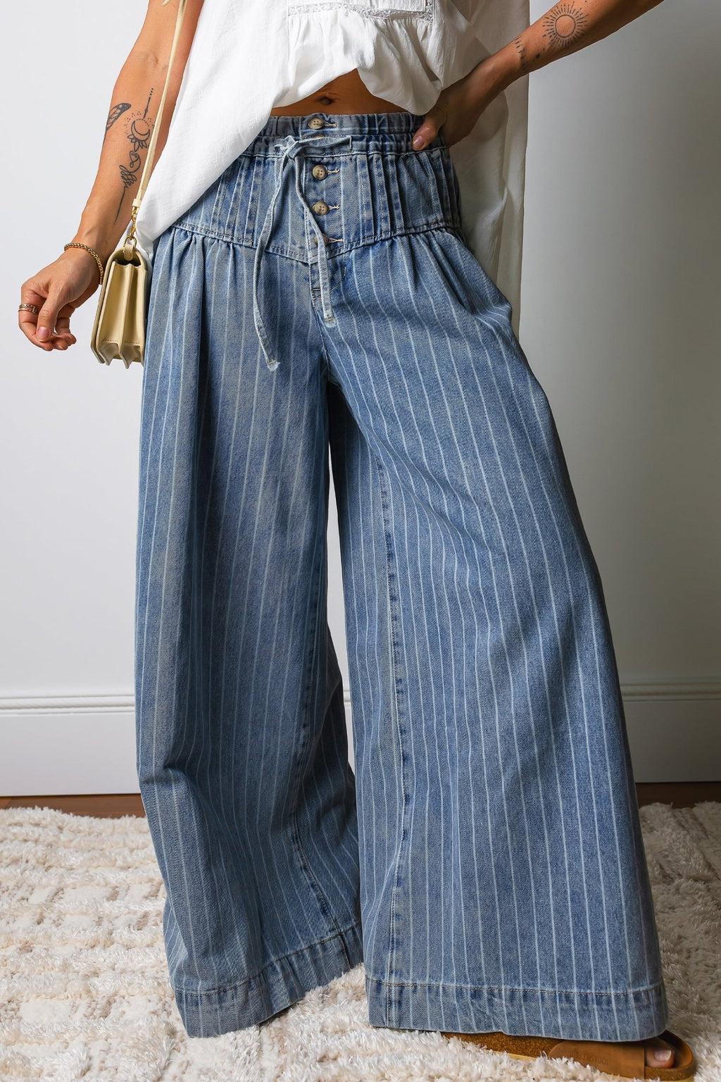 Sky Blue Stripe Button Pleated Drawstring Waist Casual Wide Leg Jeans - Kenner House Emporium