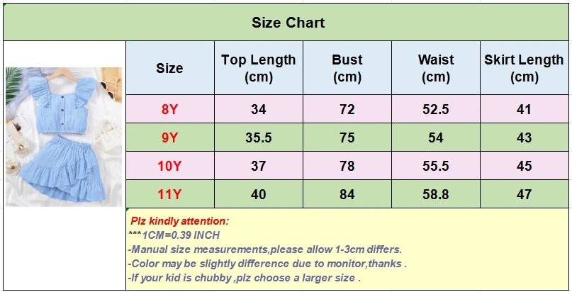Kid Girls Summer Princess Clothing Set Flutter Sleeve Plain Color Tops+Short Skirt Sweet Style Party Wear For Child 8 - 12 Years - Kenner House Emporium