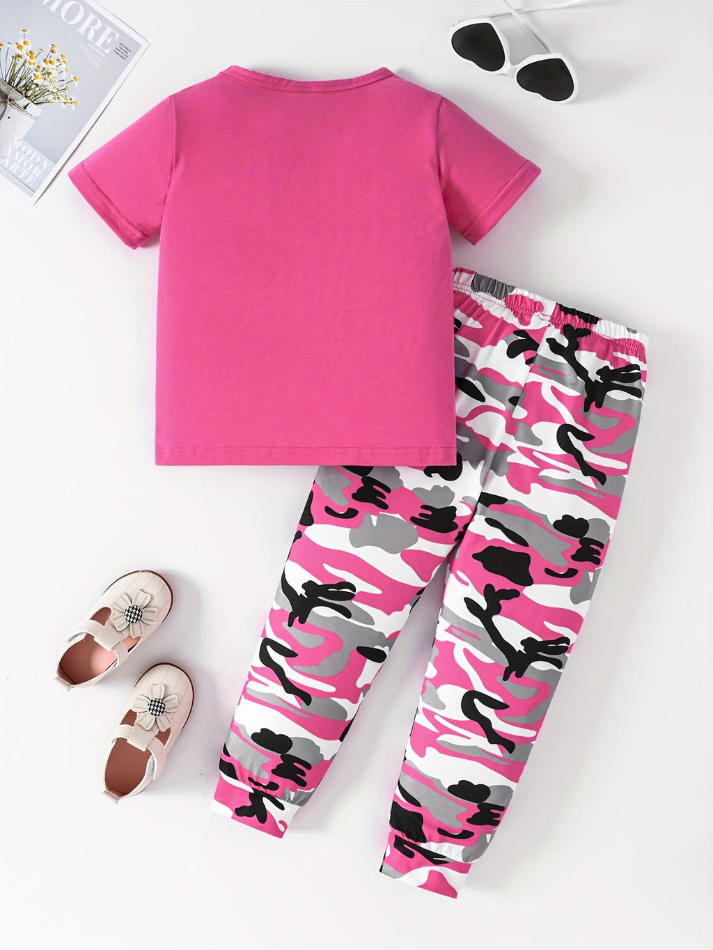 2pcs Girls' Camo Pattern Outfits Set - Casual Short Sleeve T-shirt + Pants, Machine Washable Polyester with Slight Stretch - Spring/Summer/Fall Essentials | Color Block Design | Random Printing - Kenner House Emporium