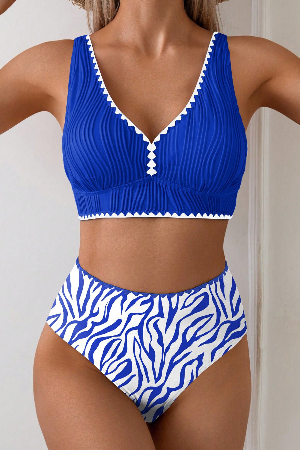 Dark Blue Shell Stitched Trim V Neck Textured Mix and Match High Waist Bikinis - Kenner House Emporium