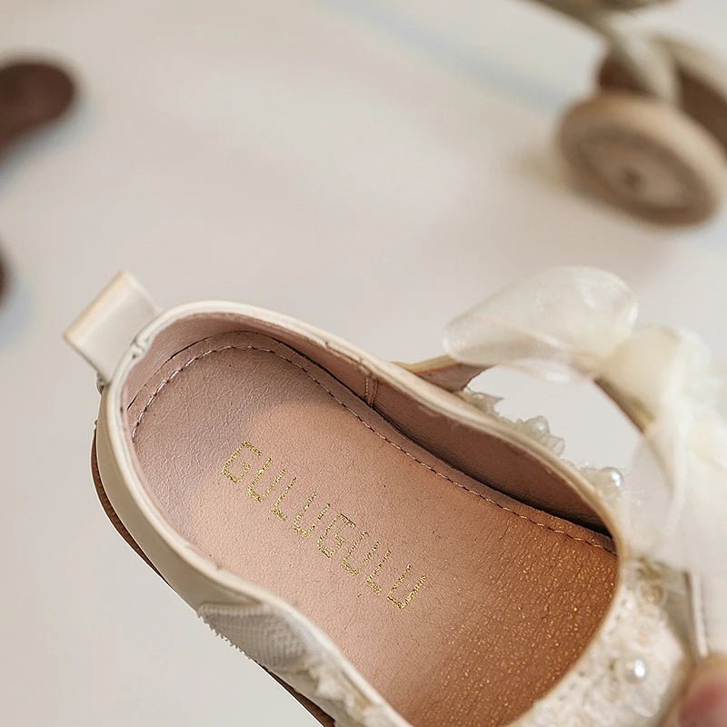 Baby Girls Leather Shoes for Wedding Party Princess Kids Flat Mary Janes Lace Bowtie with Beading 2025 Spring Children Flats New - Kenner House Emporium