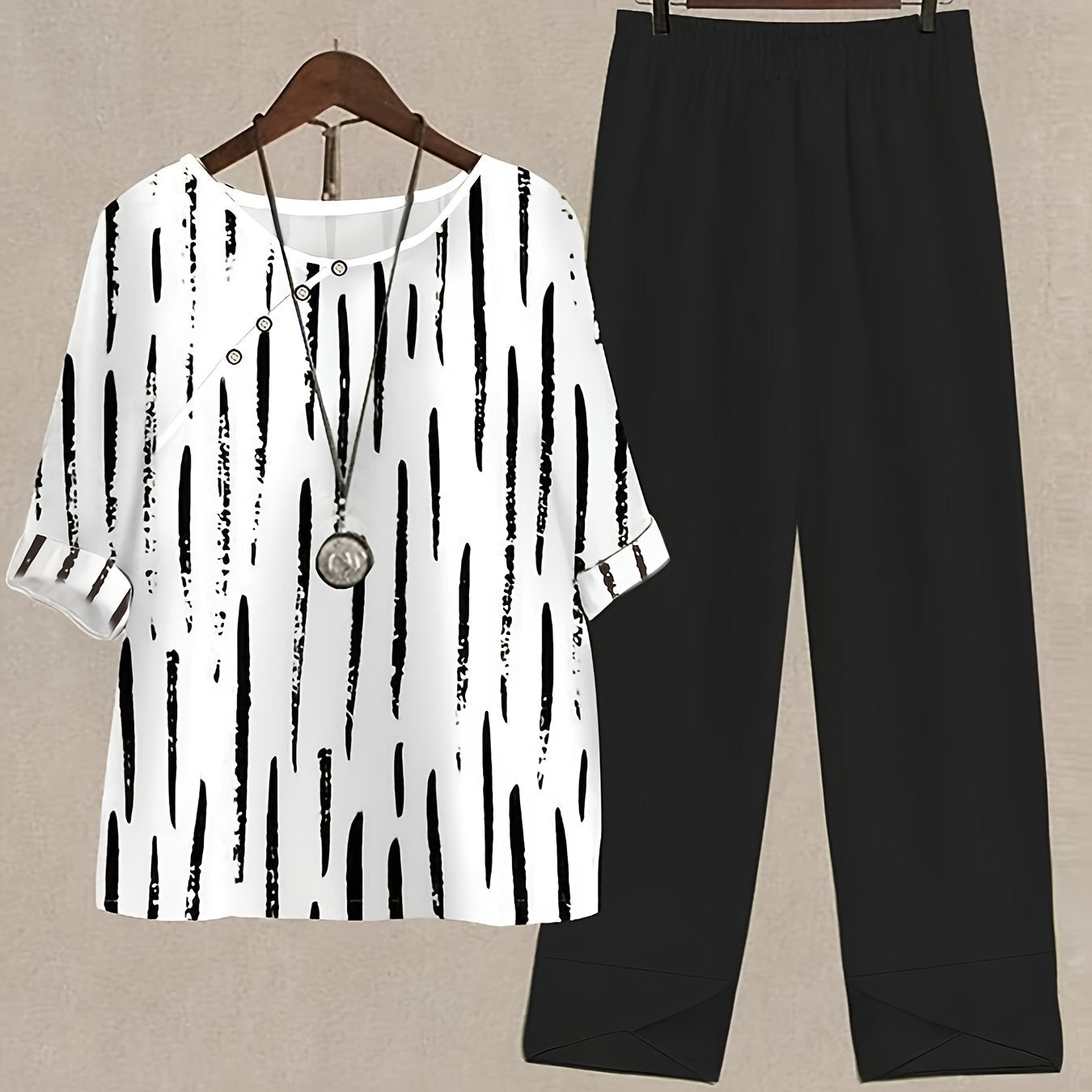 Casual Spring & Summer Two - piece Set, Button Decor Color Block Crew Neck Short Sleeve Top & Solid Pants Outfits, Women's Clothing - Kenner House Emporium