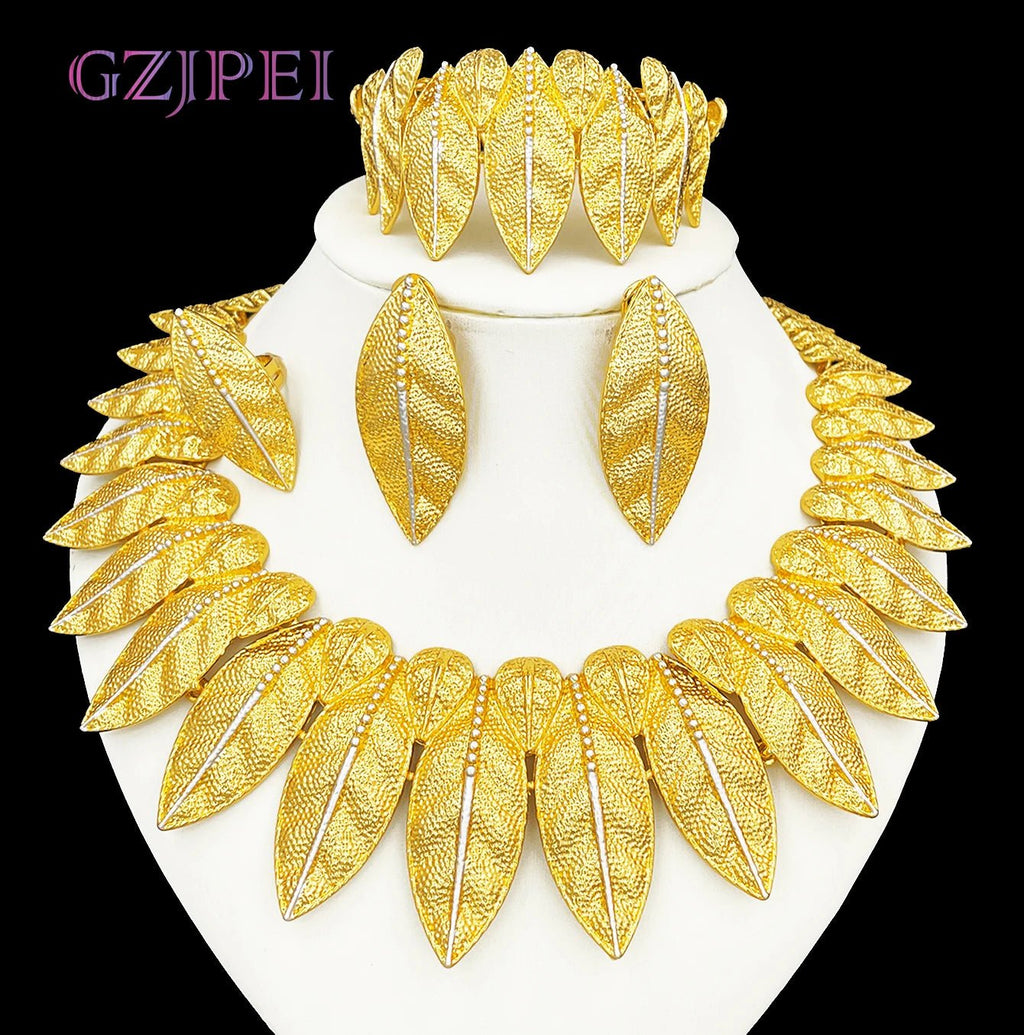 GZJPEI Italian 18K Gold Plated Jewelry Set Vintage Leafs Design Exaggeration Large Jewellry For Women Wedding Gift 2025 New - Kenner House Emporium