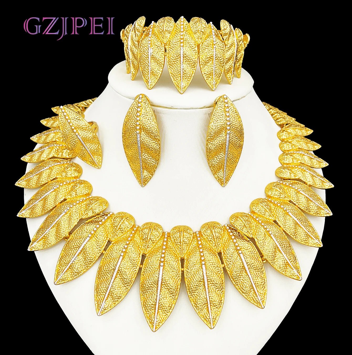 GZJPEI Italian 18K Gold Plated Jewelry Set Vintage Leafs Design Exaggeration Large Jewellry For Women Wedding Gift 2025 New - Kenner House Emporium