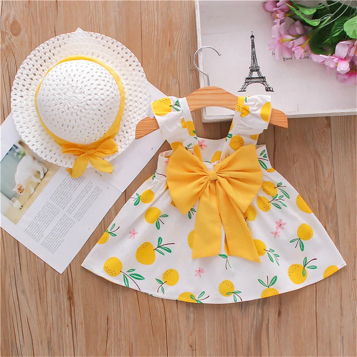 2Pcs/SetSummer girls dress children's clothing new small suspender bow orange print vest skirt with hat as a gift - Kenner House Emporium