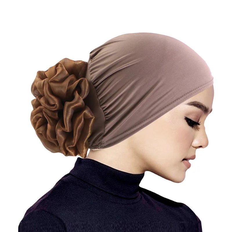 Women's Chiffon Headscarf With Flower Decoration,Monochromatic Elastic Breathable Head Wrap Suitable For Spring,Summer,Autumn - Kenner House Emporium