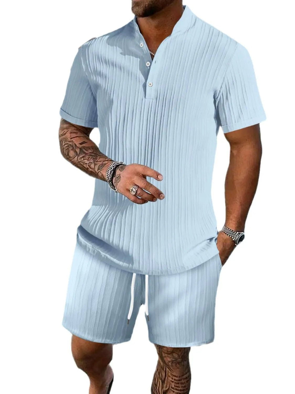 Men's Full Size Button Detail Short Sleeve Top and Shorts Set Plus Size - Kenner House Emporium