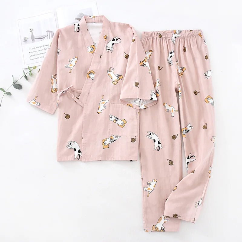 2023 Japanese - style kimono pajamas set seven - sleeve female spring and autumn 100% cotton gauze home clothes cute sweet 2 - piece - Kenner House Emporium