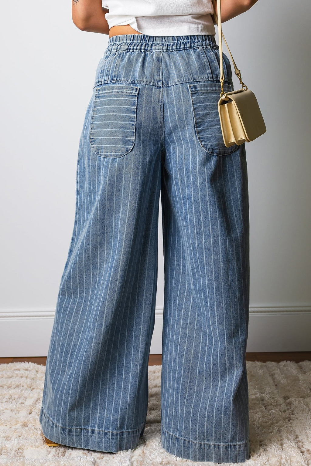 Sky Blue Stripe Button Pleated Drawstring Waist Casual Wide Leg Jeans - Kenner House Emporium