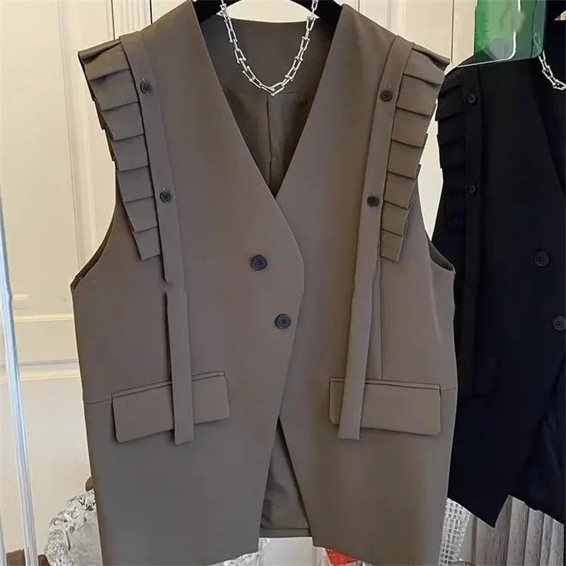 New Vest Coat Female Spring Autumn Temperament Wood Ear Splicing Suit Sleeveless Jacket Women Loose Casual Waistcoat Tops Ladies - Kenner House Emporium
