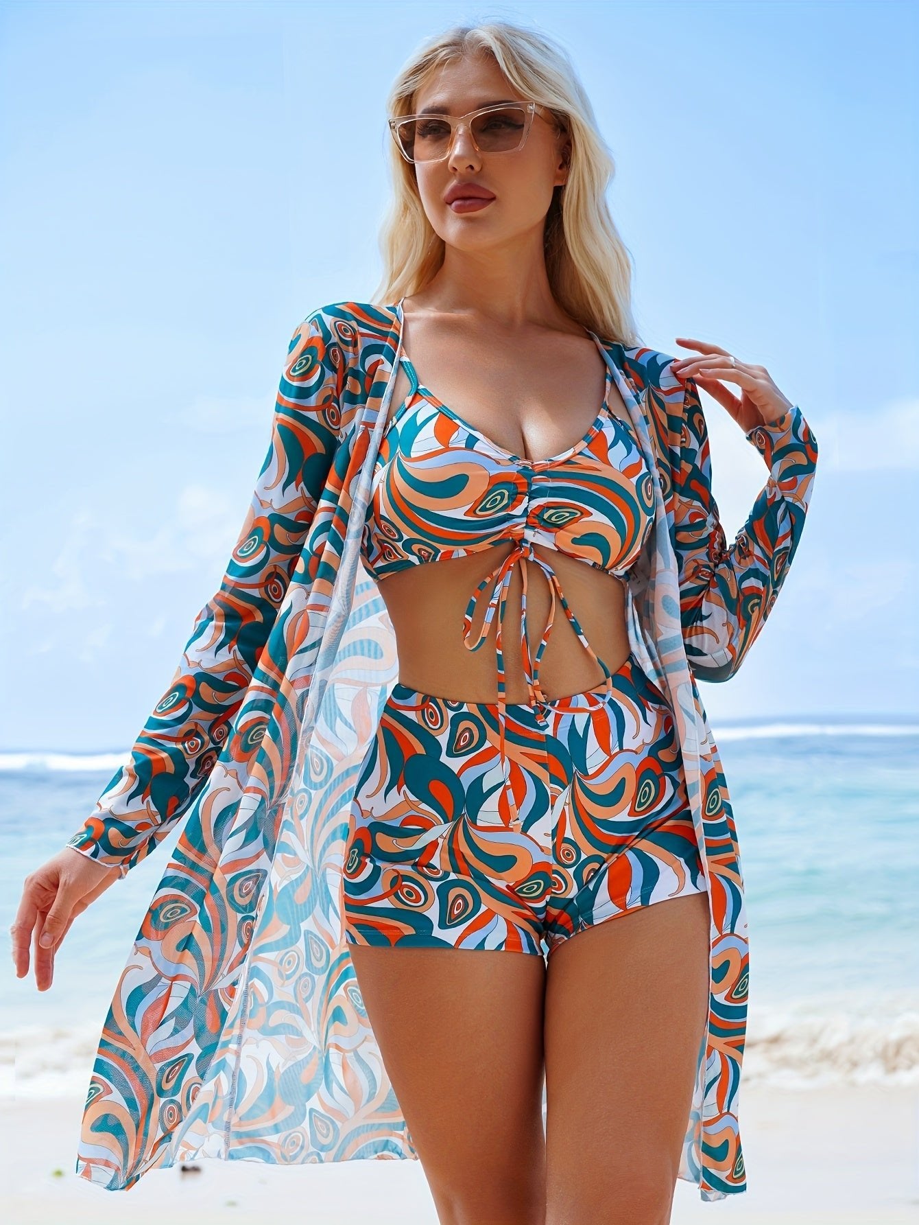 Women's Bikini Three - Piece Swimsuit with Boxer Shorts, New Split Cover - Up, Bowknot Fashion Beachwear - Kenner House Emporium