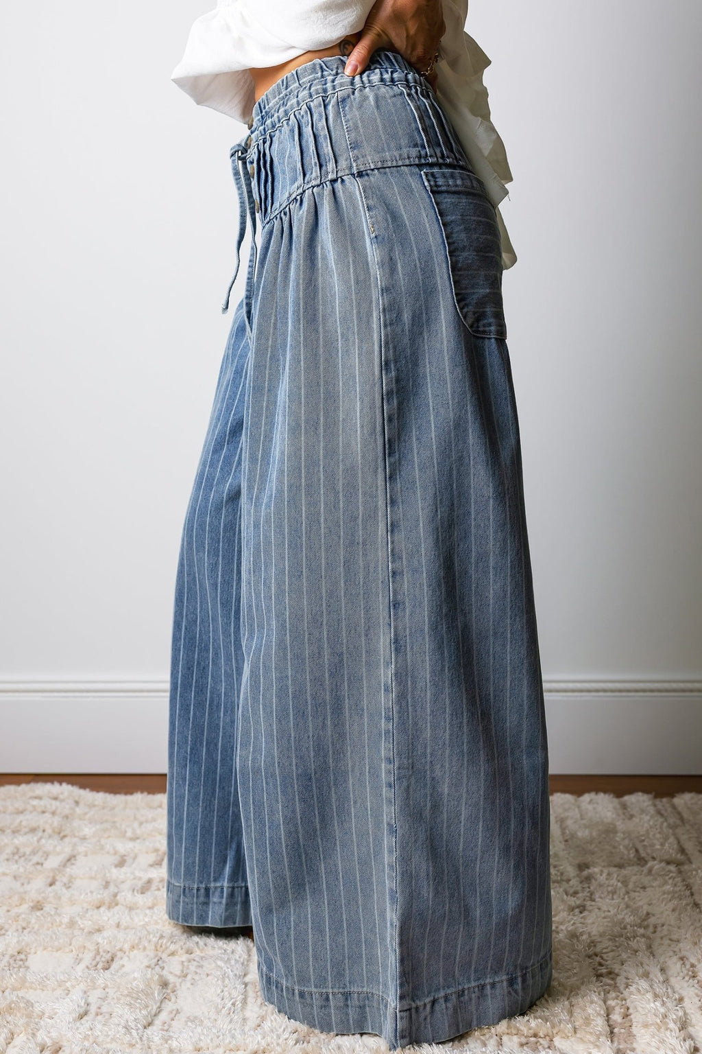 Sky Blue Stripe Button Pleated Drawstring Waist Casual Wide Leg Jeans - Kenner House Emporium