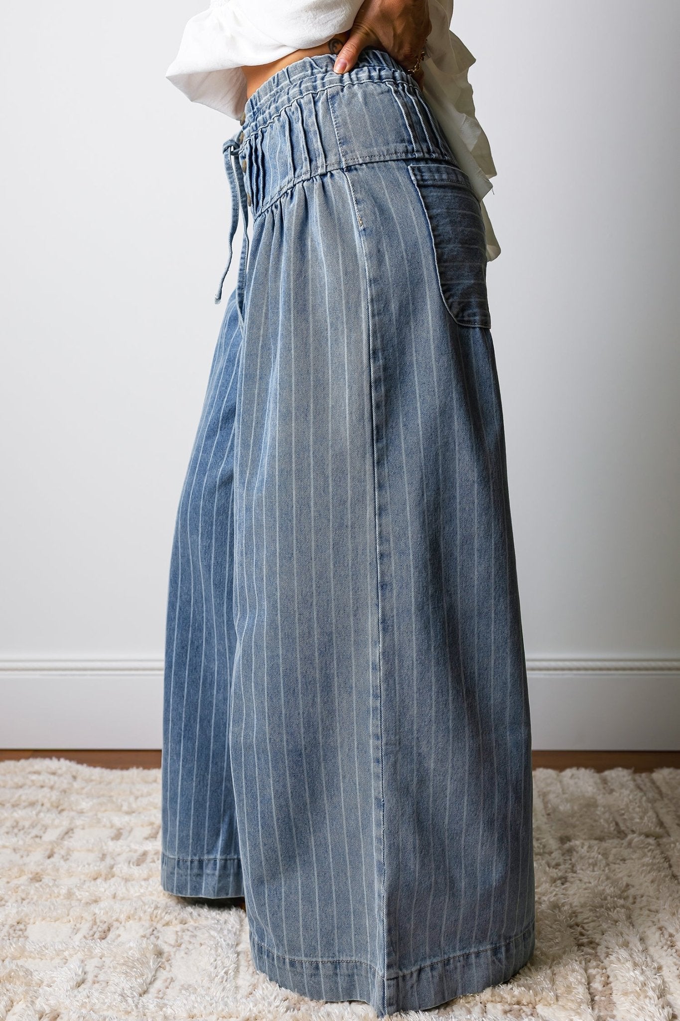 Sky Blue Stripe Button Pleated Drawstring Waist Casual Wide Leg Jeans - Kenner House Emporium