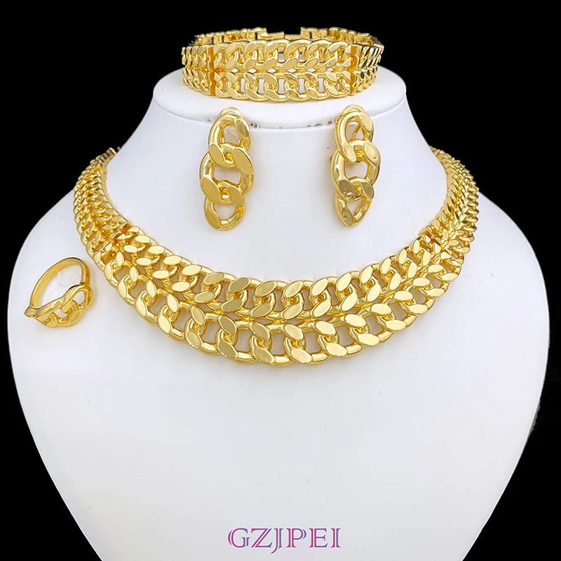 Luxury Dubai Nigeria Gold Color Women Jewelry Set Classic Design 18K Gold Plated Cuban Chain Earring Necklace Ring Bracelet Part - Kenner House Emporium