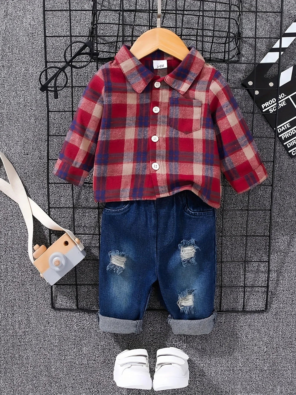 Boys' Spring Autumn Tartan Polo Shirt + - denim Long Trousers Two - piece Casual Outfit Boys Tweed Check Shirt - Kenner House Emporium