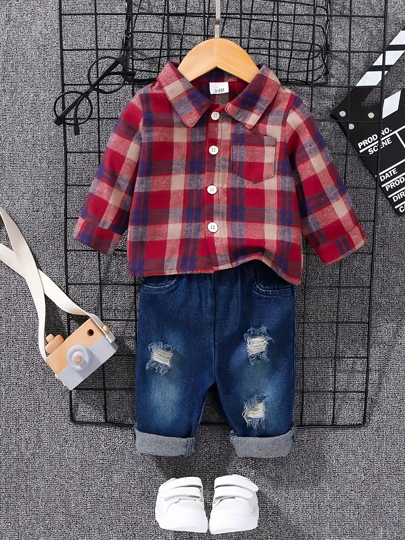 Boys' Spring Autumn Tartan Polo Shirt + - denim Long Trousers Two - piece Casual Outfit Boys Tweed Check Shirt - Kenner House Emporium