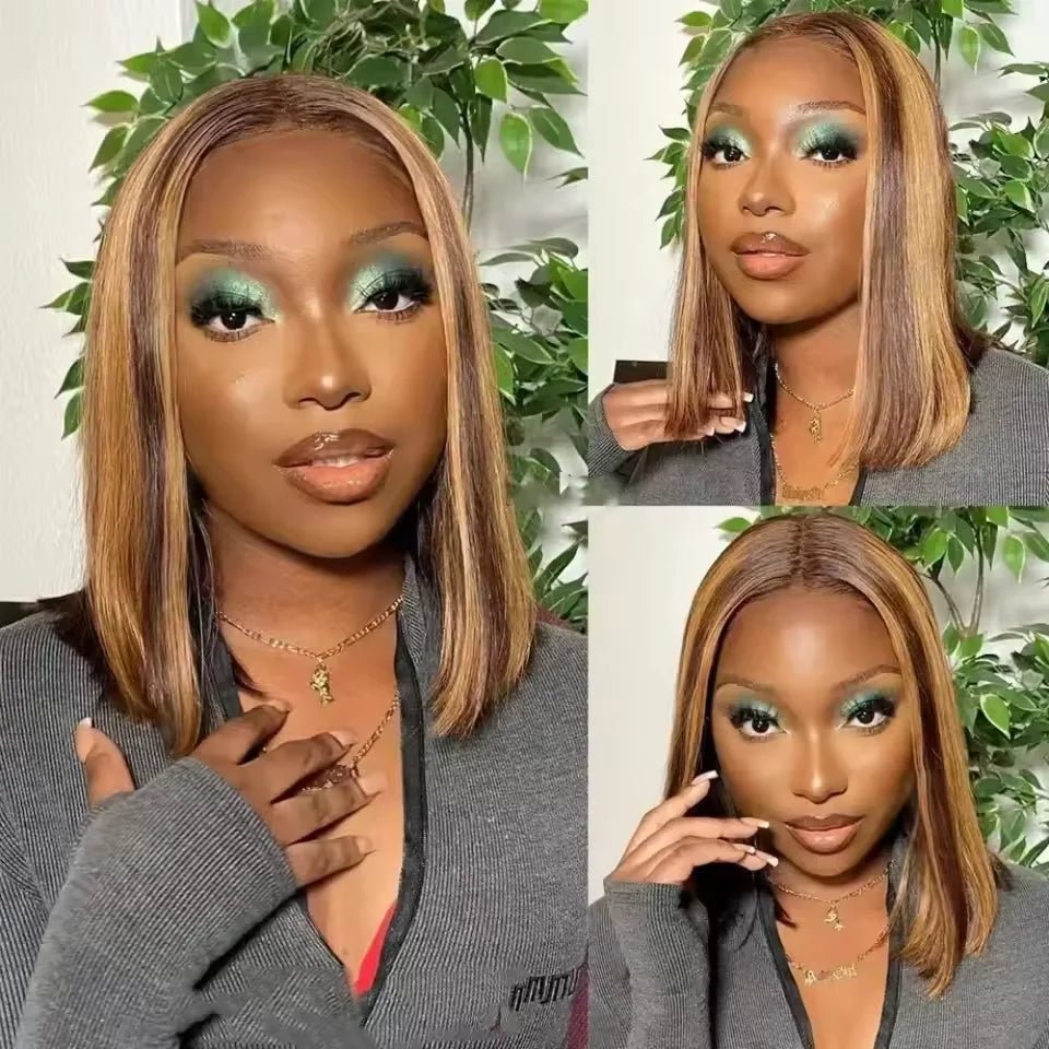 100% Human Hair Wigs 13x4 Lace Human Hair Lace Frontal Wig Ready Wear Bob Wigs 220Density For Black Women 4/27 Color Gold - Kenner House Emporium