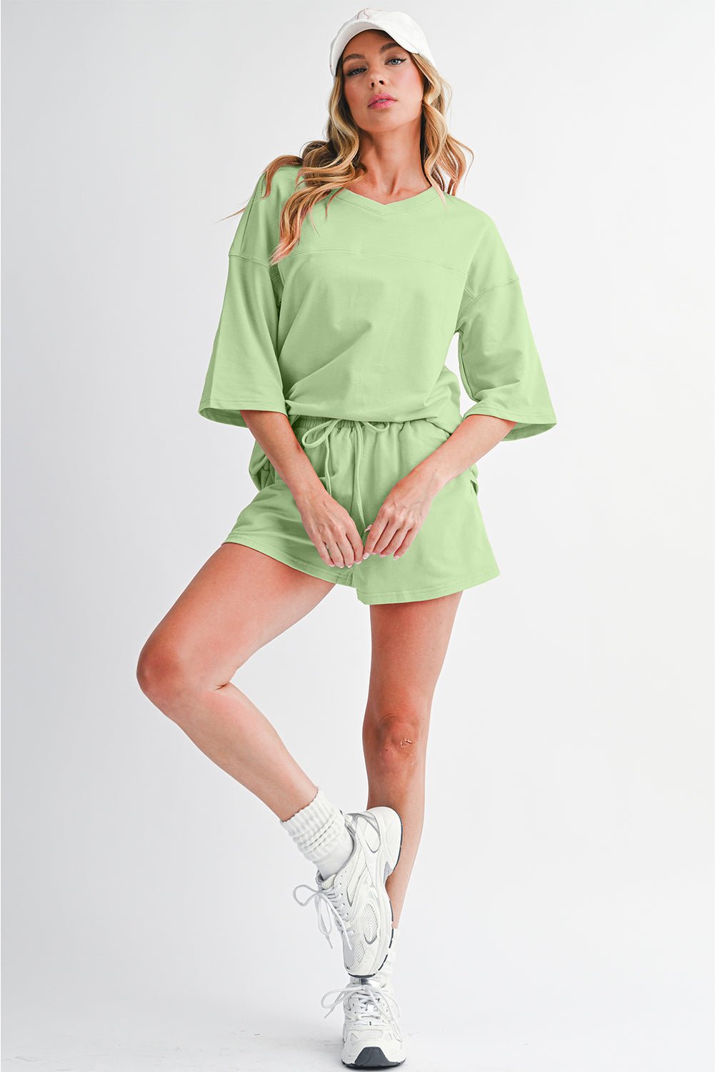 Meadow Mist Green Loose V Neck Tee and Drawstring Shorts Set - Kenner House Emporium