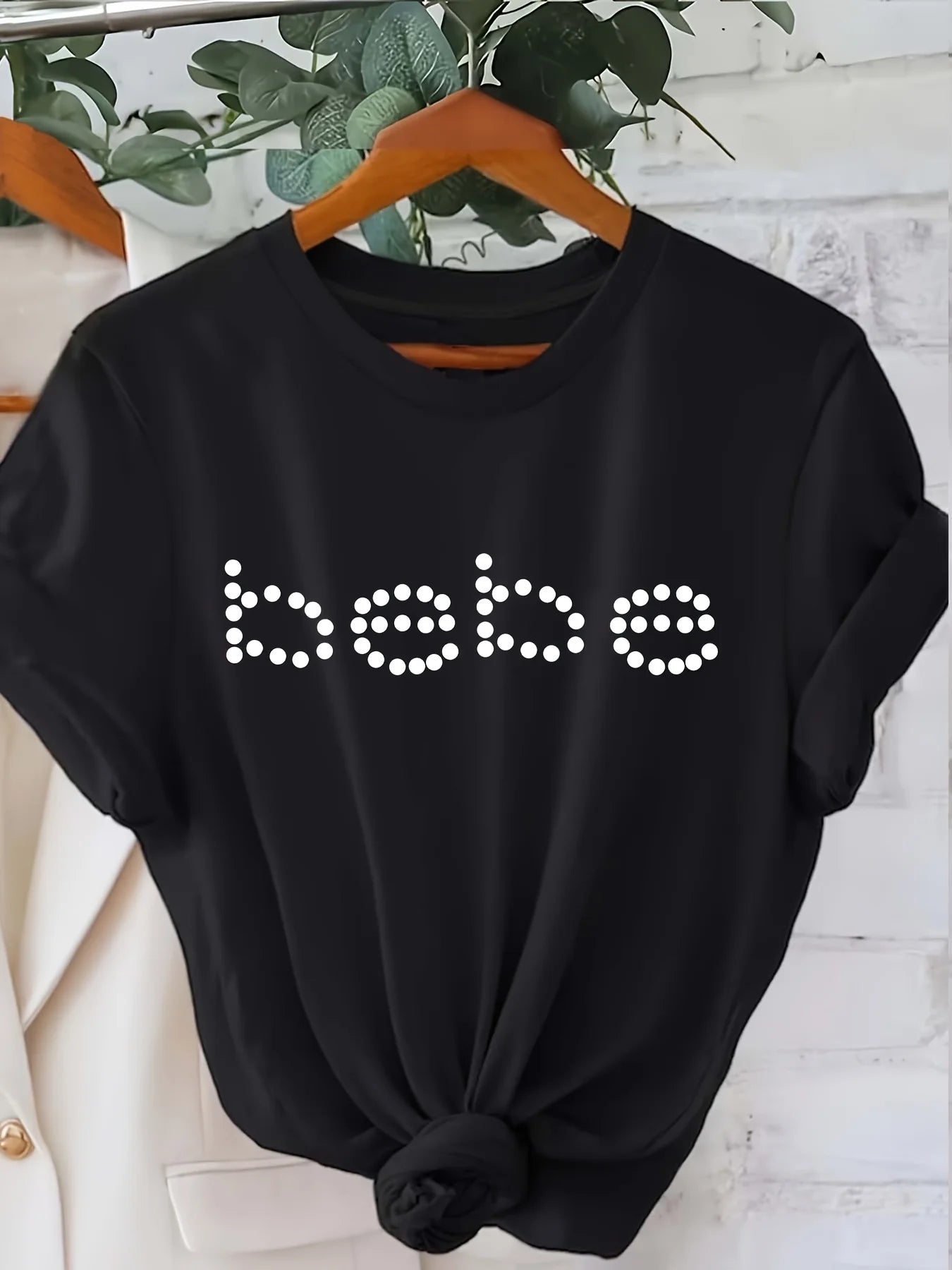 Bebe Letter Print T-Shirt Short Sleeve Crew Neck Casual Top for Summer & Spring Women'S Clothing - Kenner House Emporium