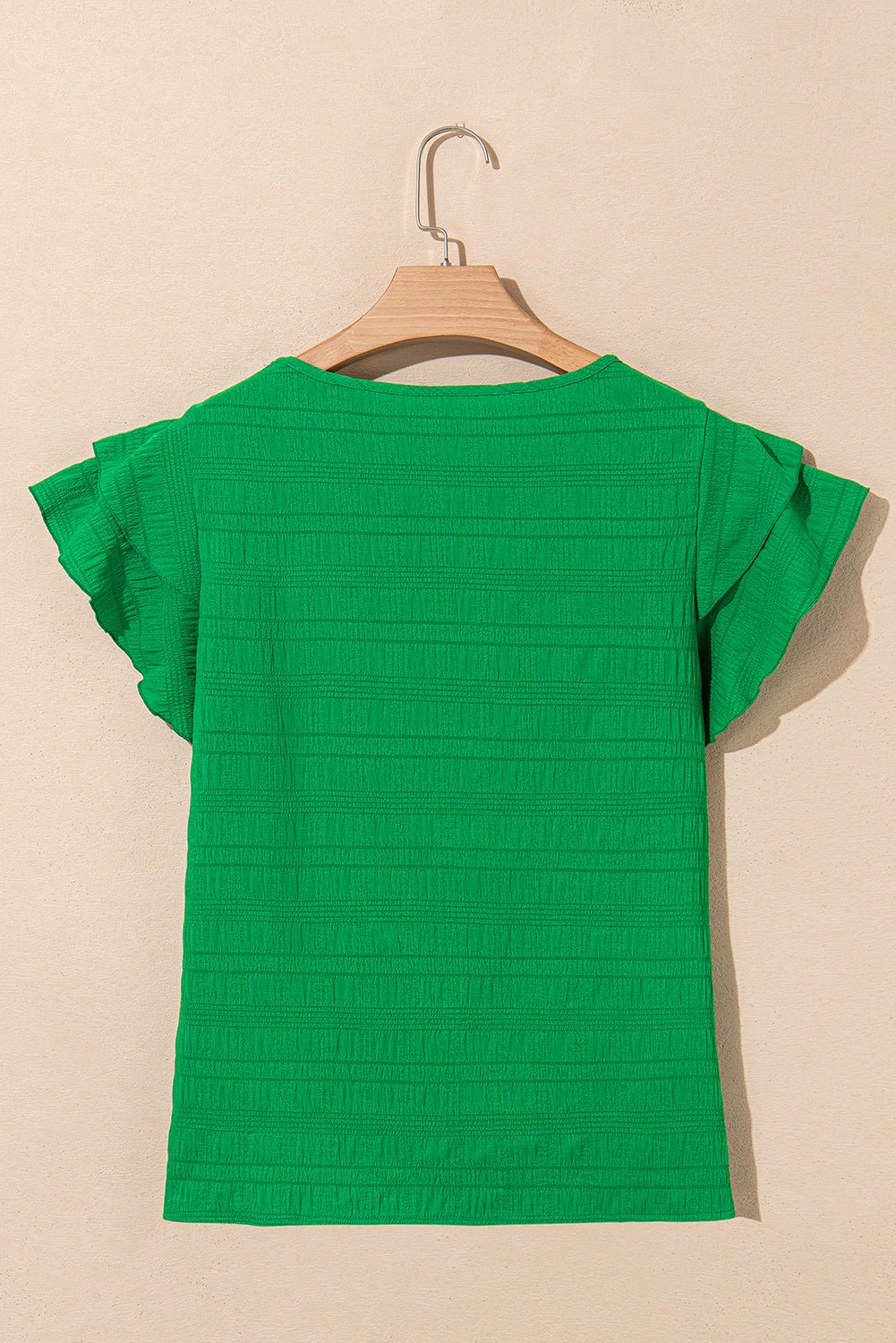 Dark Green Ruffle Sleeve Textured Smocked Blouse - Kenner House Emporium