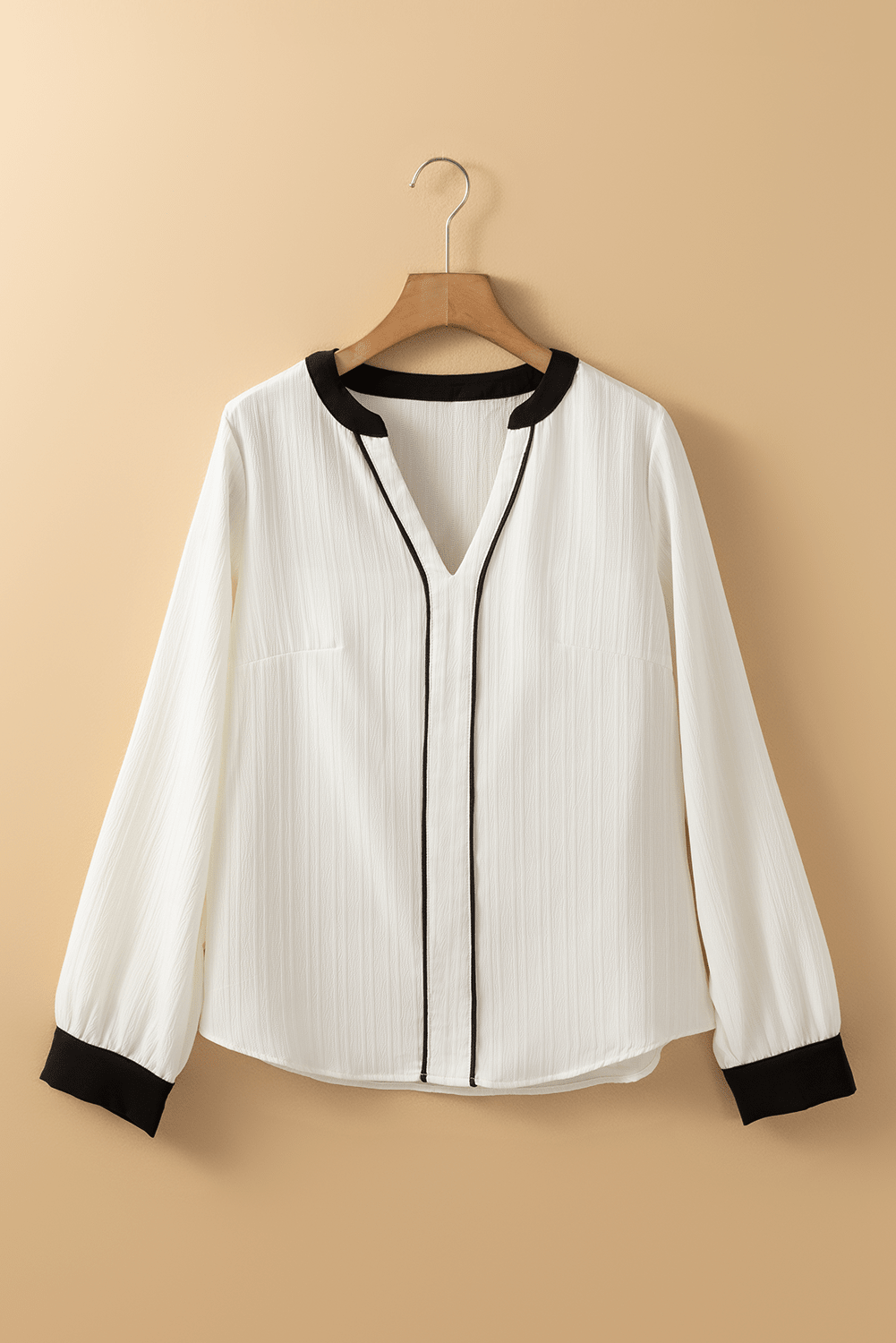 White Colorblock Edge Long Sleeve V Neck Textured Blouse - Kenner House Emporium