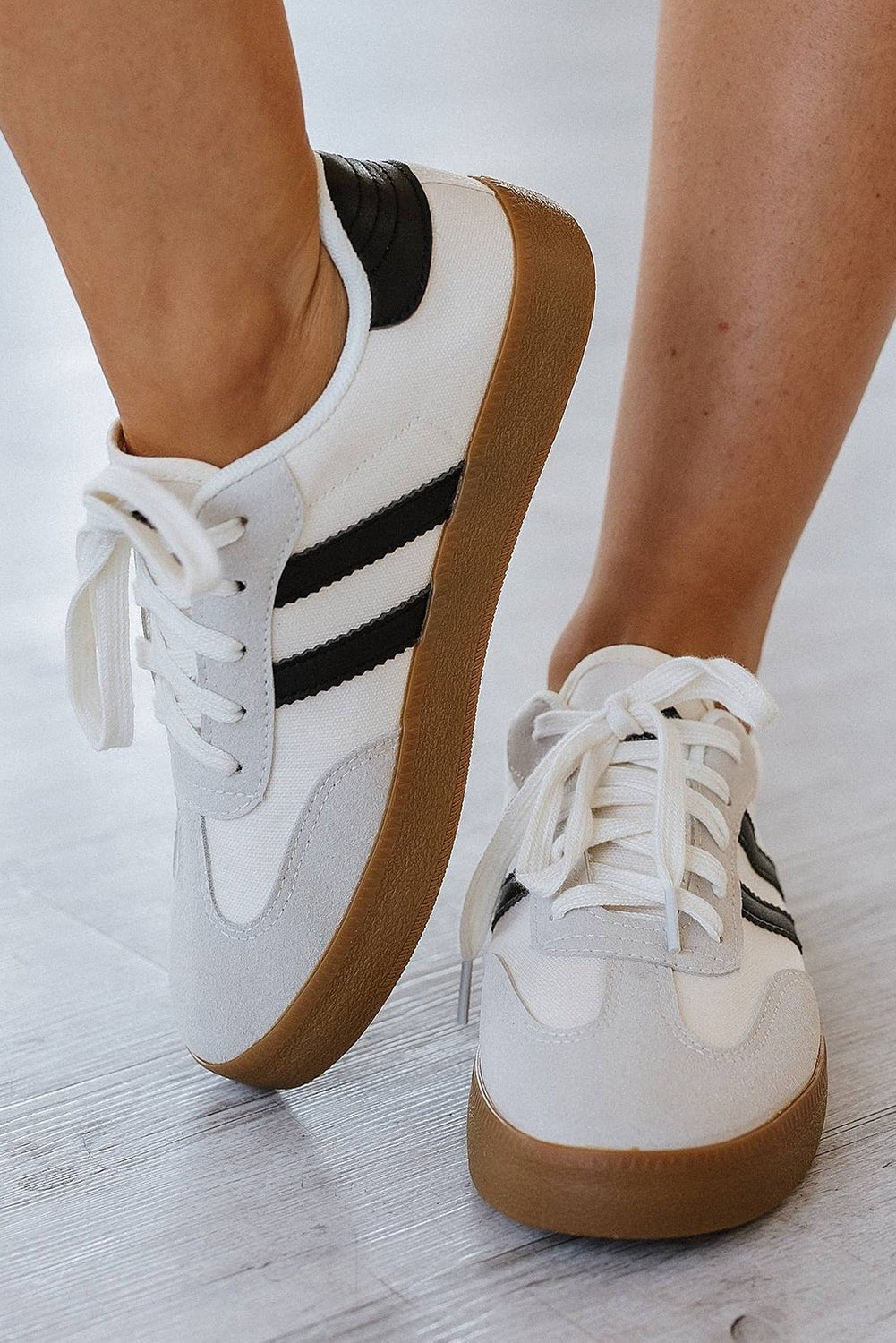 White Striped Lace Up Flat Sneakers - Kenner House Emporium